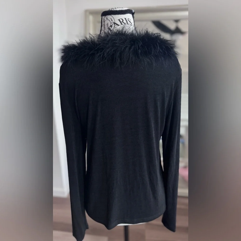 vintage 90s Y2K claudia richard faux fur collar Stretch top Women’s Size M